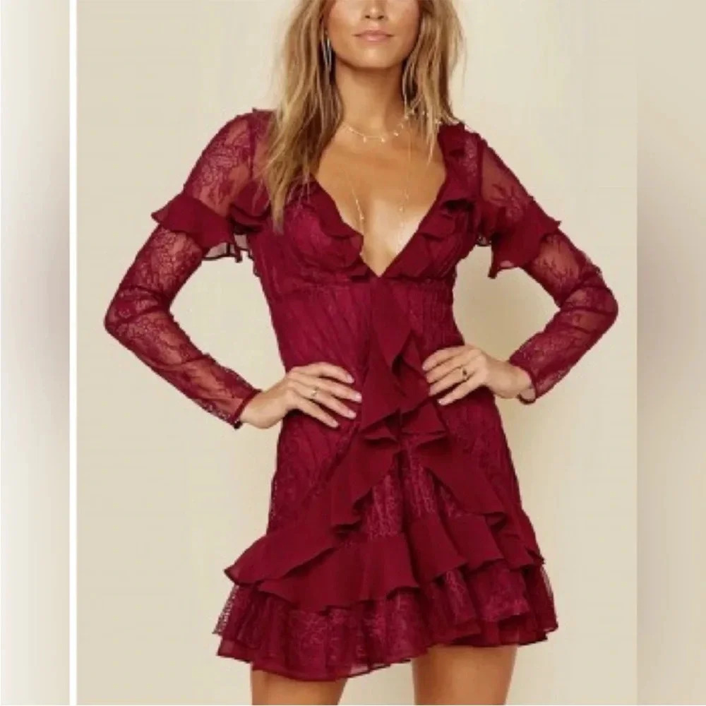 For Love & Lemons burgundy Daphne lace mini dress